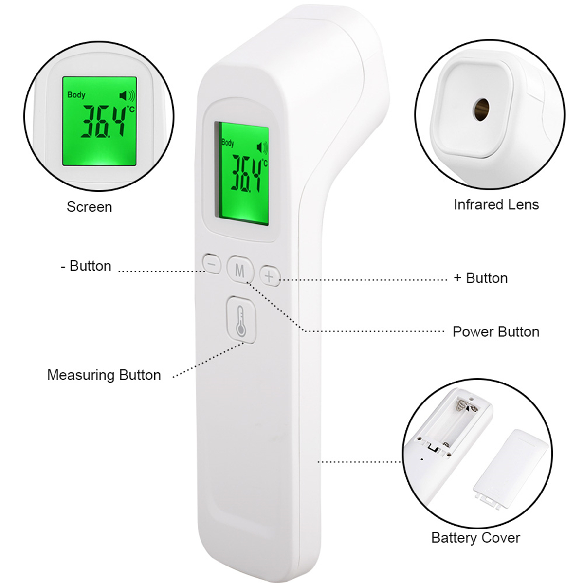 Ein weißes Infrarot-Thermometer mit Bildschirm und Knöpfen.