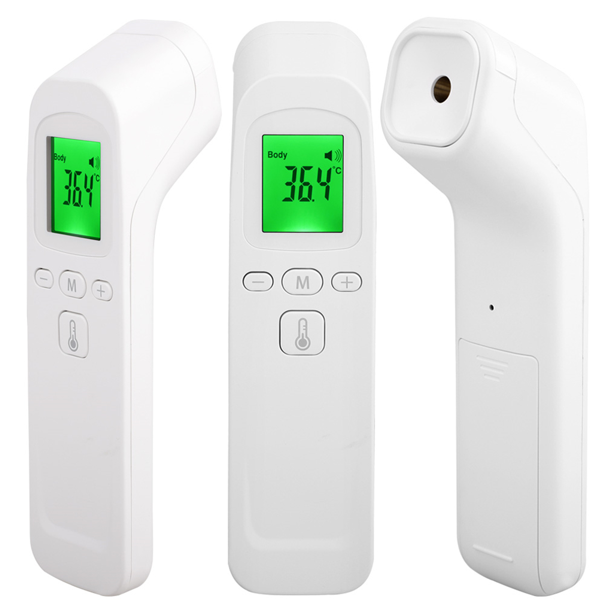 Weißes Infrarot-Thermometer. Anzeige zeigt 36,4°C. Tasten: M und +. Seitenansicht mit Batteriefach.