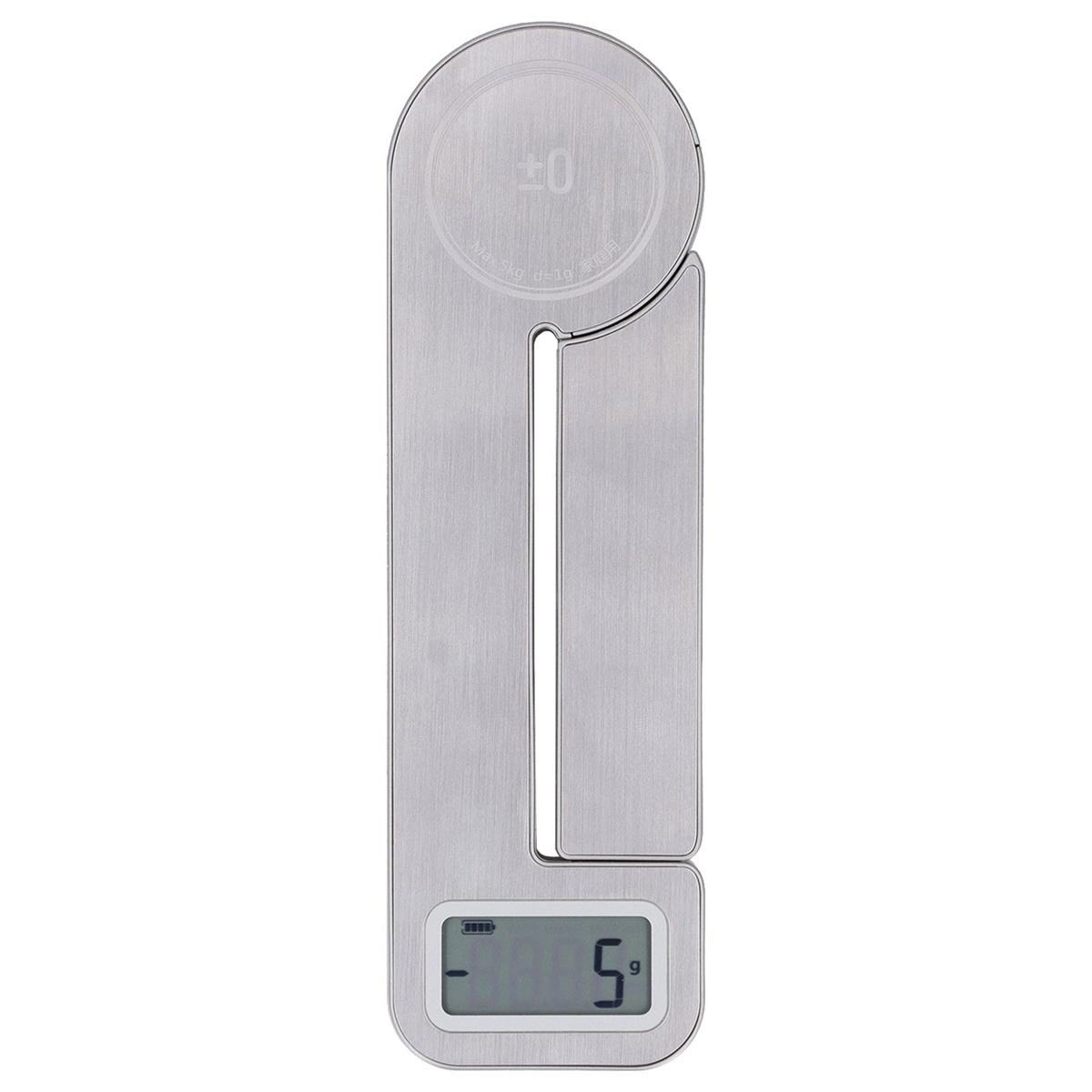 Eine silberne Digitalwaage, zusammengeklappt. Anzeige mit '0' und 'g'. Es ist in gefalteter Position.