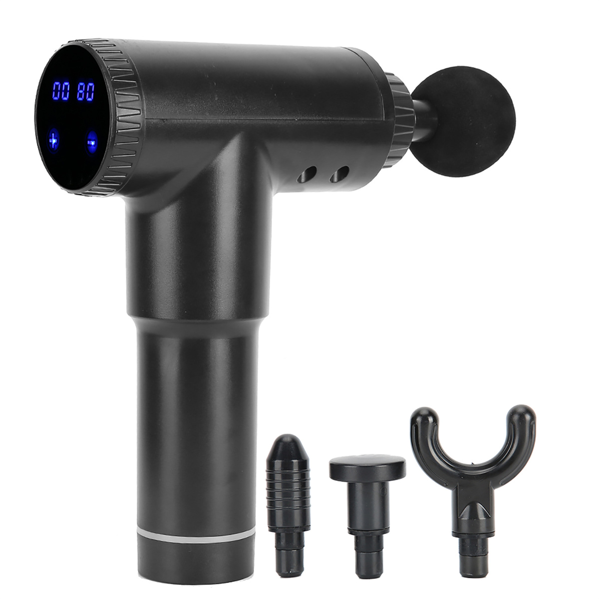 Schwarze Massagepistole mit mehreren Aufsätzen. Mit LCD-Bildschirm und Bedientasten.