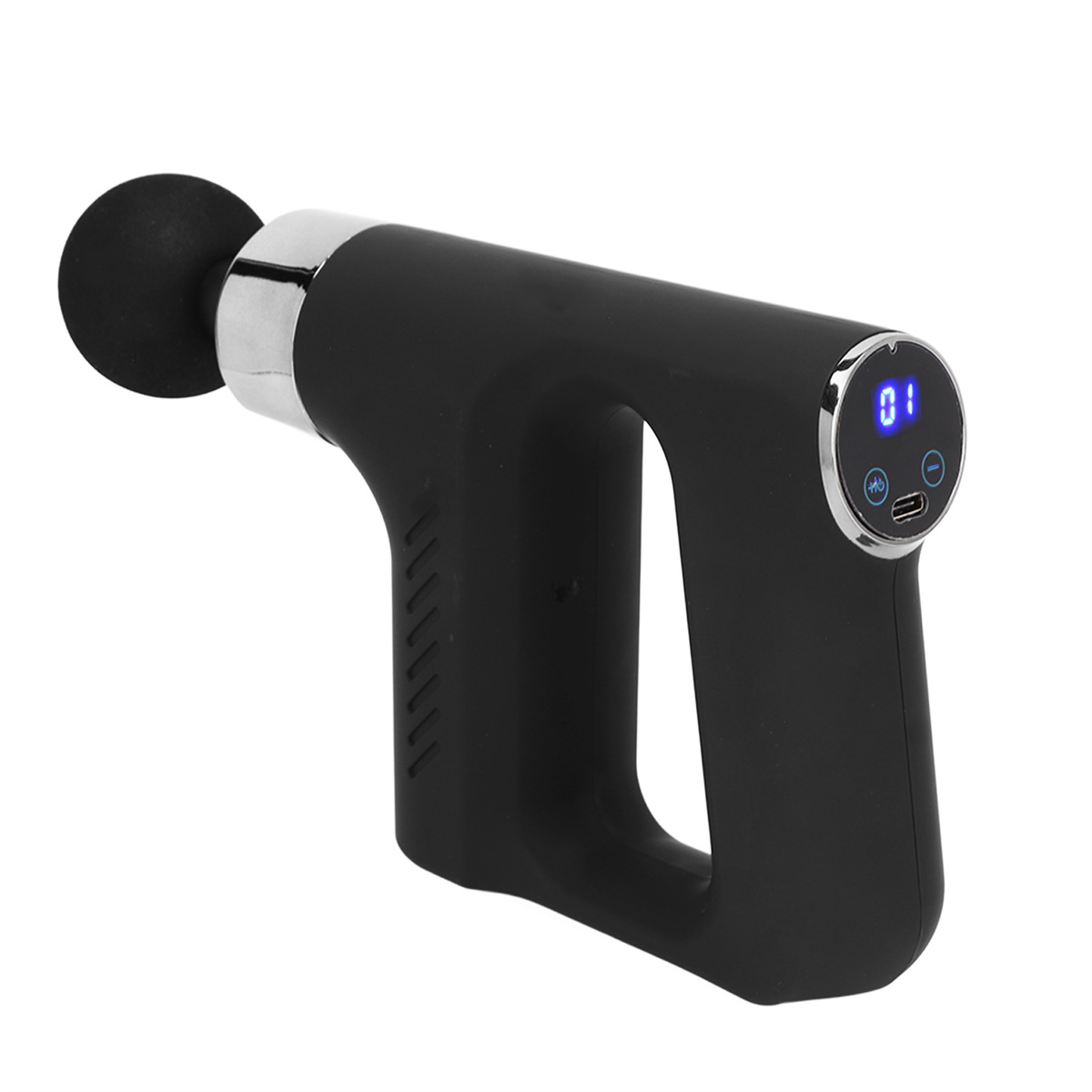 Eine schwarze Massagepistole mit rundem Aufsatz. Sie hat ein digitales Display und Knöpfe.