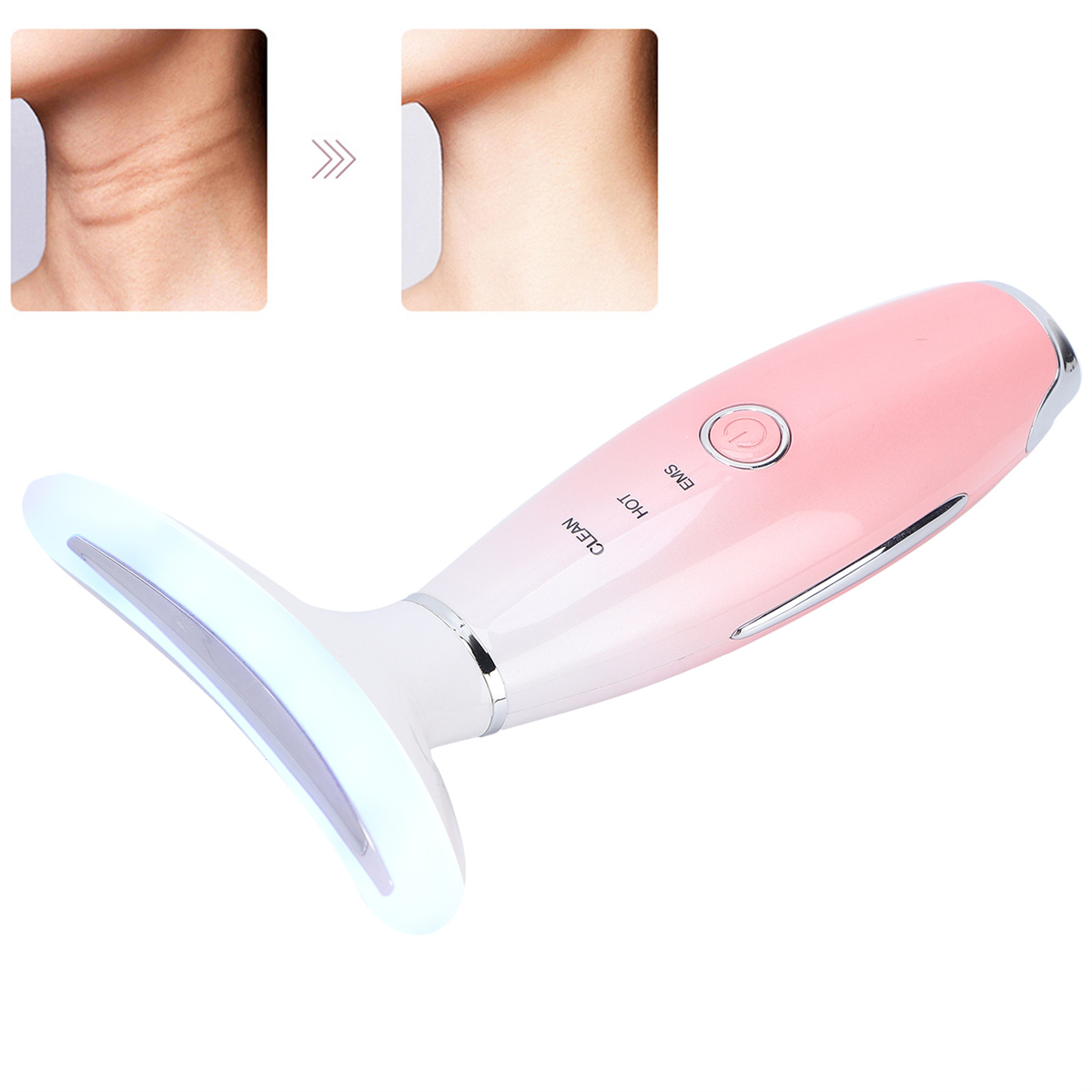Rosa-weißer Nackenmassagegerät mit gebogenem Licht. Zeigt Vorher-Nachher-Effekte bei Nackenfalten.