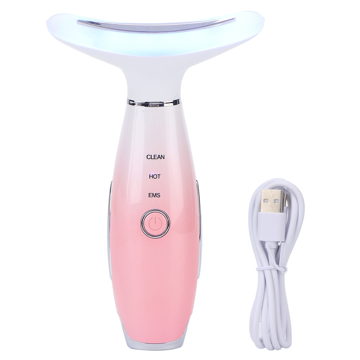 Ein rosa-weißer Nackenmassagegerät, mit USB-Kabel und Knöpfen 'CLEAN', 'HOT' und 'EMS'.