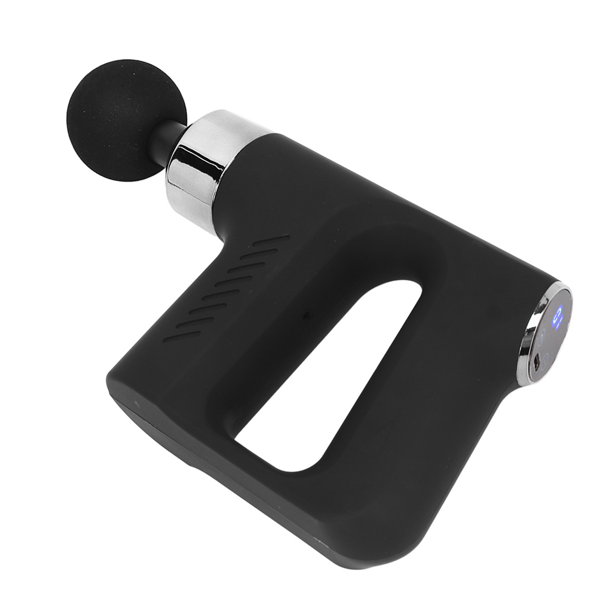 Schwarze Hand-Massagepistole mit schwarzem Kugelkopf. Am Griff ist ein Knopf.