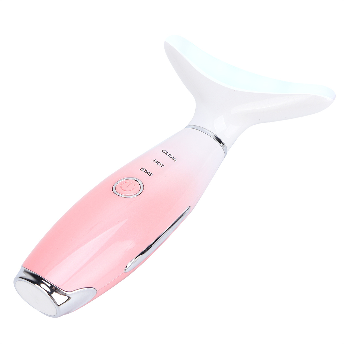Ein rosa-weißes Nackenmassagegerät mit Knöpfen und einem gebogenen Kopf.