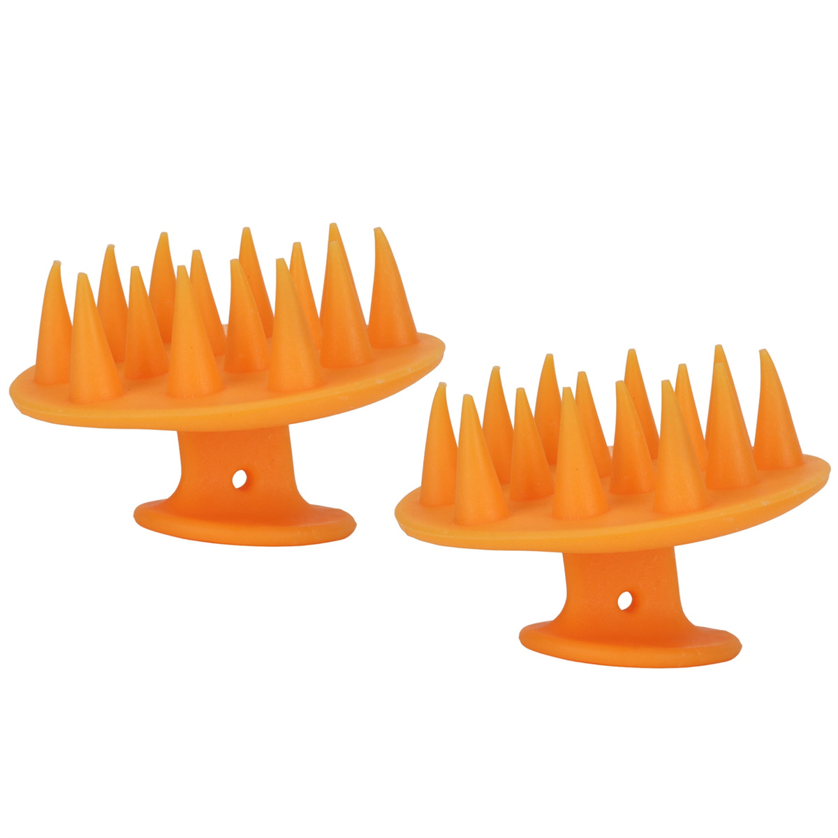 Zwei orangefarbene Kopfhautmassagegeräte mit stacheligen Zähnen auf weißem Grund.