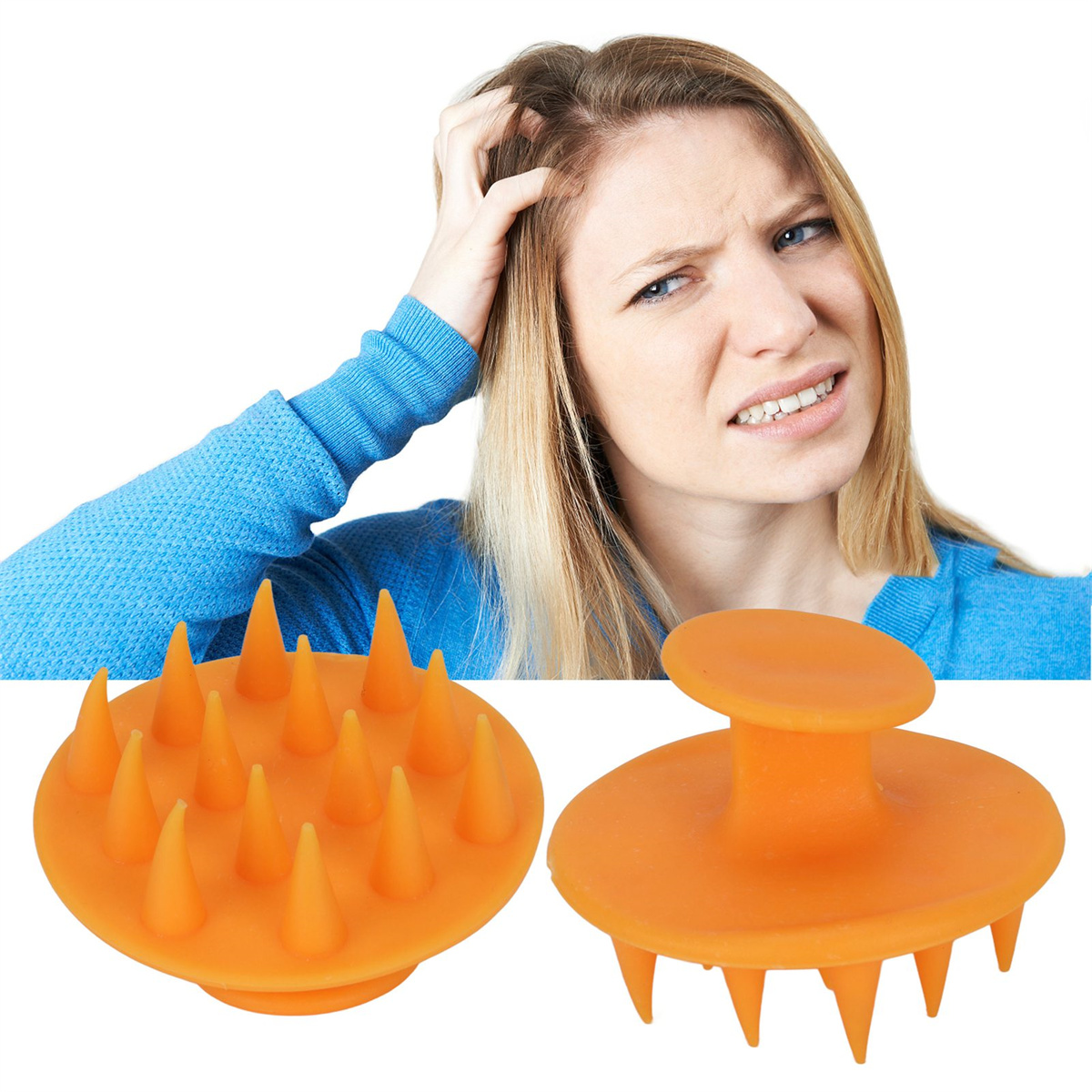 Frau kratzt sich am Kopf, neben zwei orangenen Kopfhautmassagern. Einer ist eine Bürste, der andere handlich.
