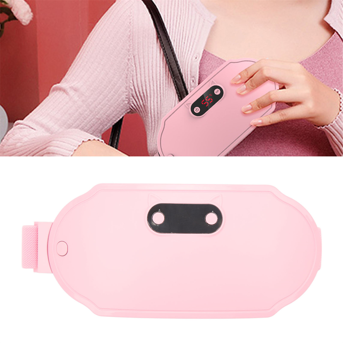 Ein pinkfarbenes Heizkissen. Das Kissen befindet sich am Körper einer Person.