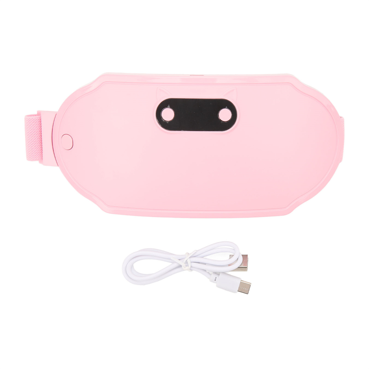 Ein rosa Heizkissen mit einem USB-Ladekabel auf einer weißen Oberfläche.