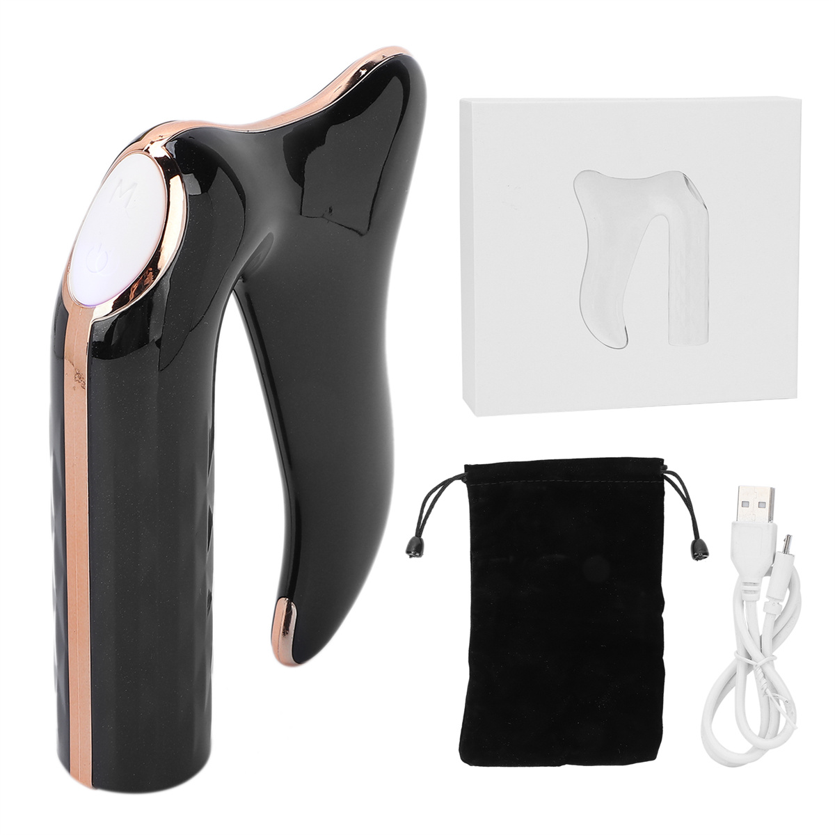 Schwarzes und goldenes Gerät mit weißem Knopf, USB-Kabel und schwarzem Beutel auf weißem Hintergrund.