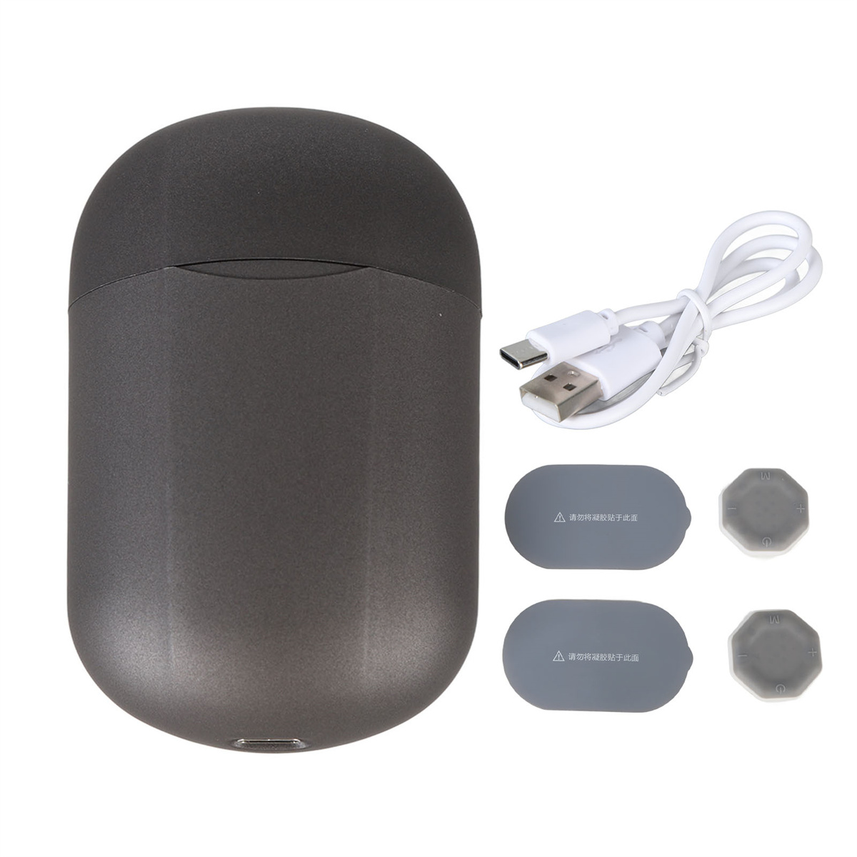 Dunkelgrauer Handwärmer mit Zubehör. Enthält ein USB-Kabel, zwei Aufkleber und zwei Ladepads.