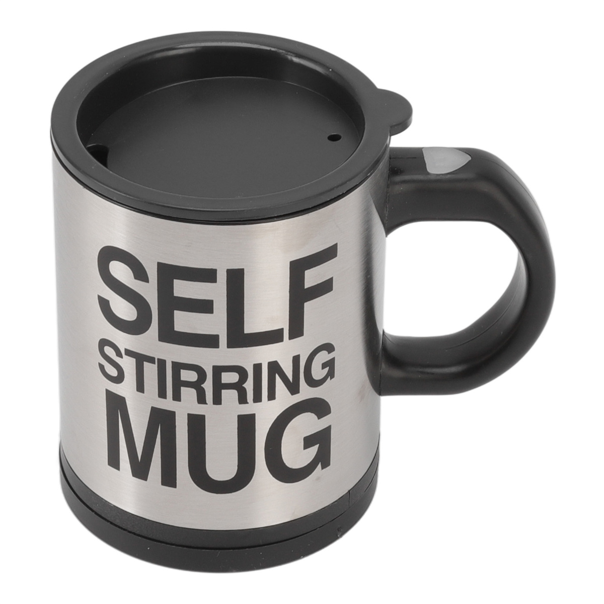 Selbstrührender Becher aus Edelstahl mit schwarzem Deckel und Griff. Auf dem Becher steht "SELF STIRRING MUG".