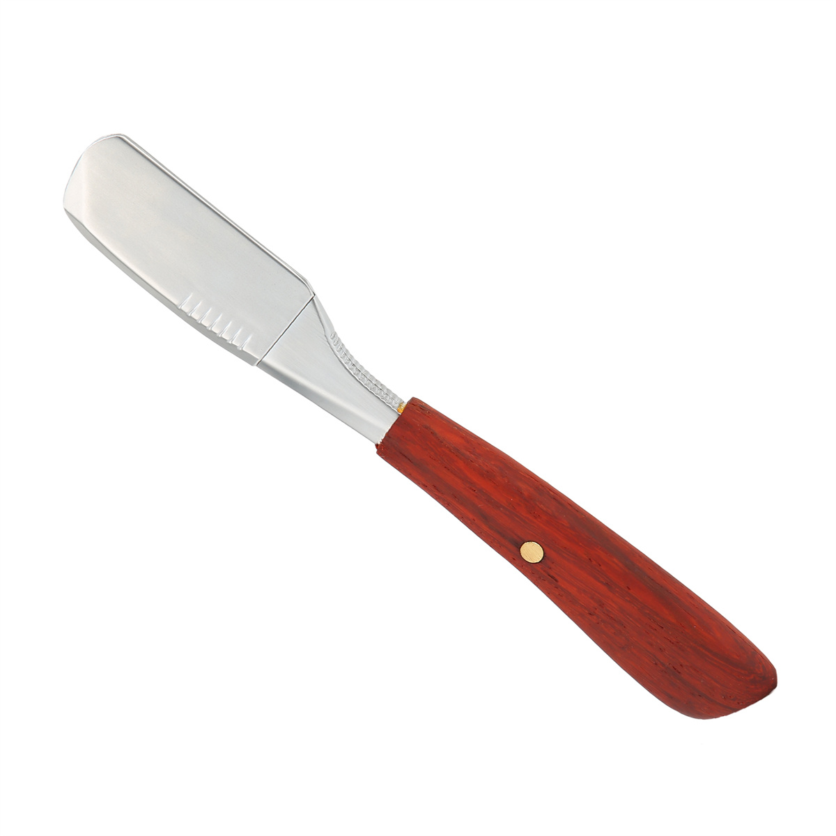 Ein Edelstahl-Buttermesser mit Holzgriff. Weißer Hintergrund.