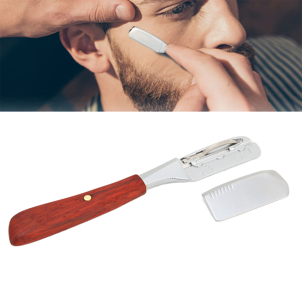 Der Barbier rasiert den Bart eines Mannes mit einem Rasiermesser. Weißer Hintergrund.