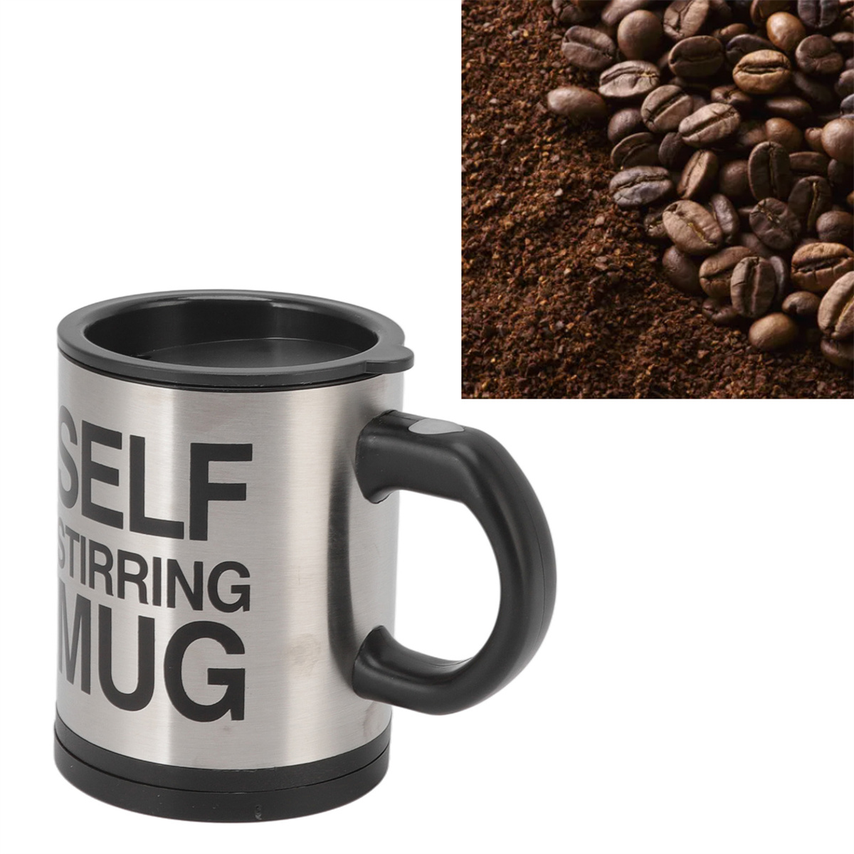 Ein selbstquirlender Becher mit Kaffeebohnen, gemahlenem Kaffee und schwarzem Griff auf Weiß.