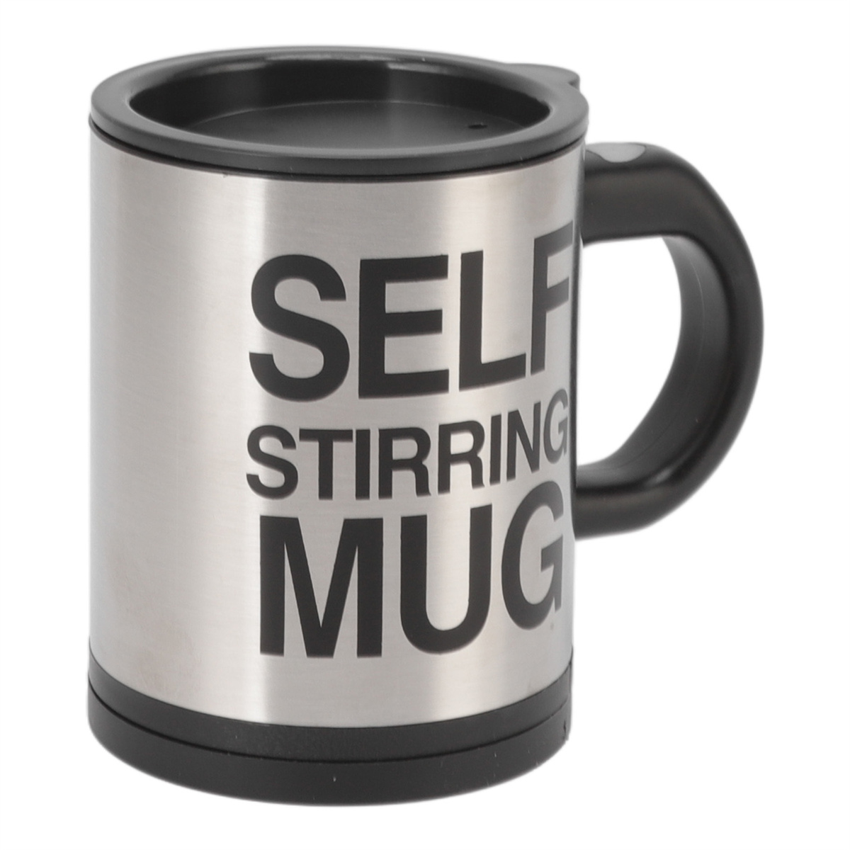 Ein silberner, selbstumrührender Becher mit dem Aufdruck 'SELF STIRRING MUG'.