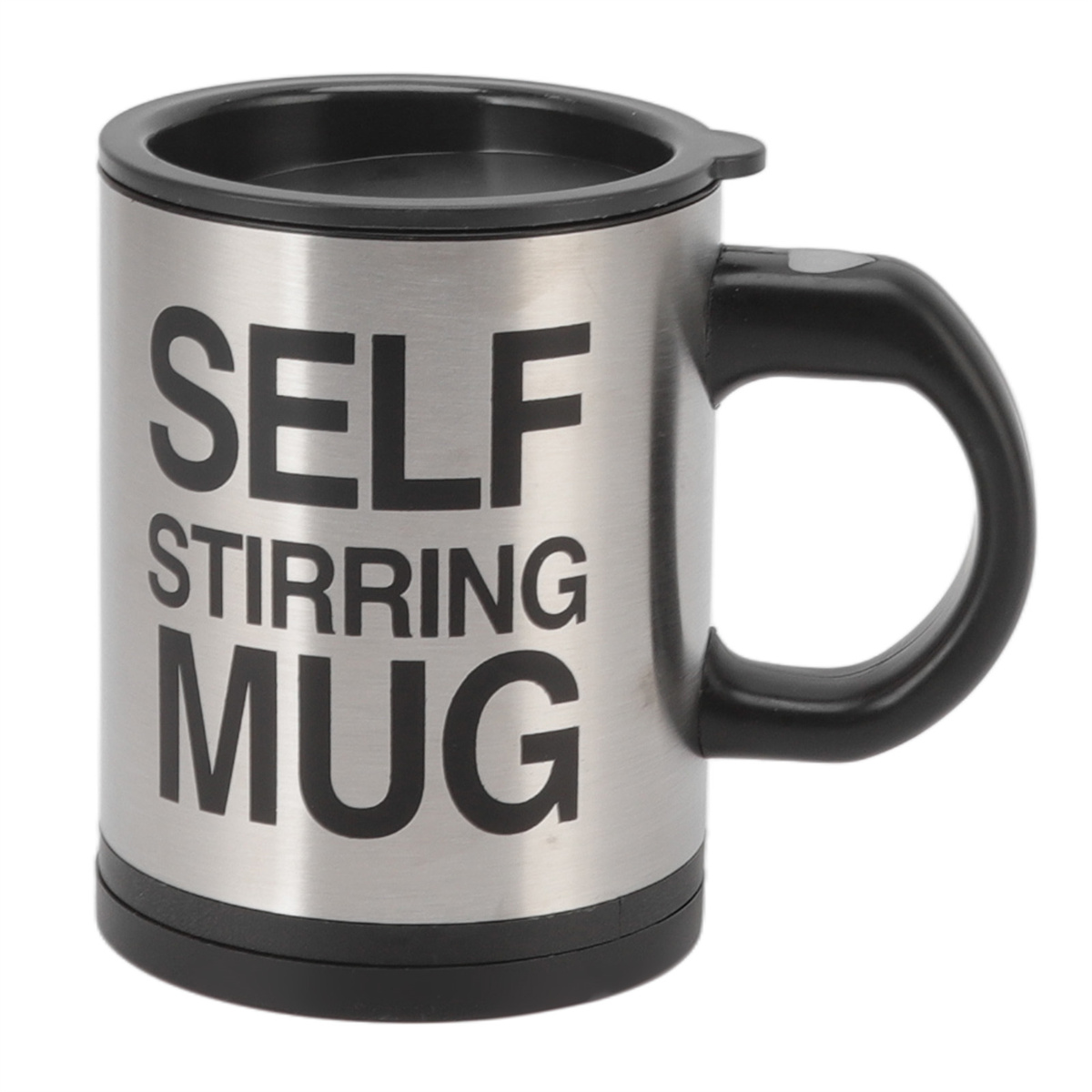 Selbstrührender Becher aus Edelstahl mit schwarzem Deckel und Griff. Die Worte 'SELF STIRRING MUG' sind gedruckt.