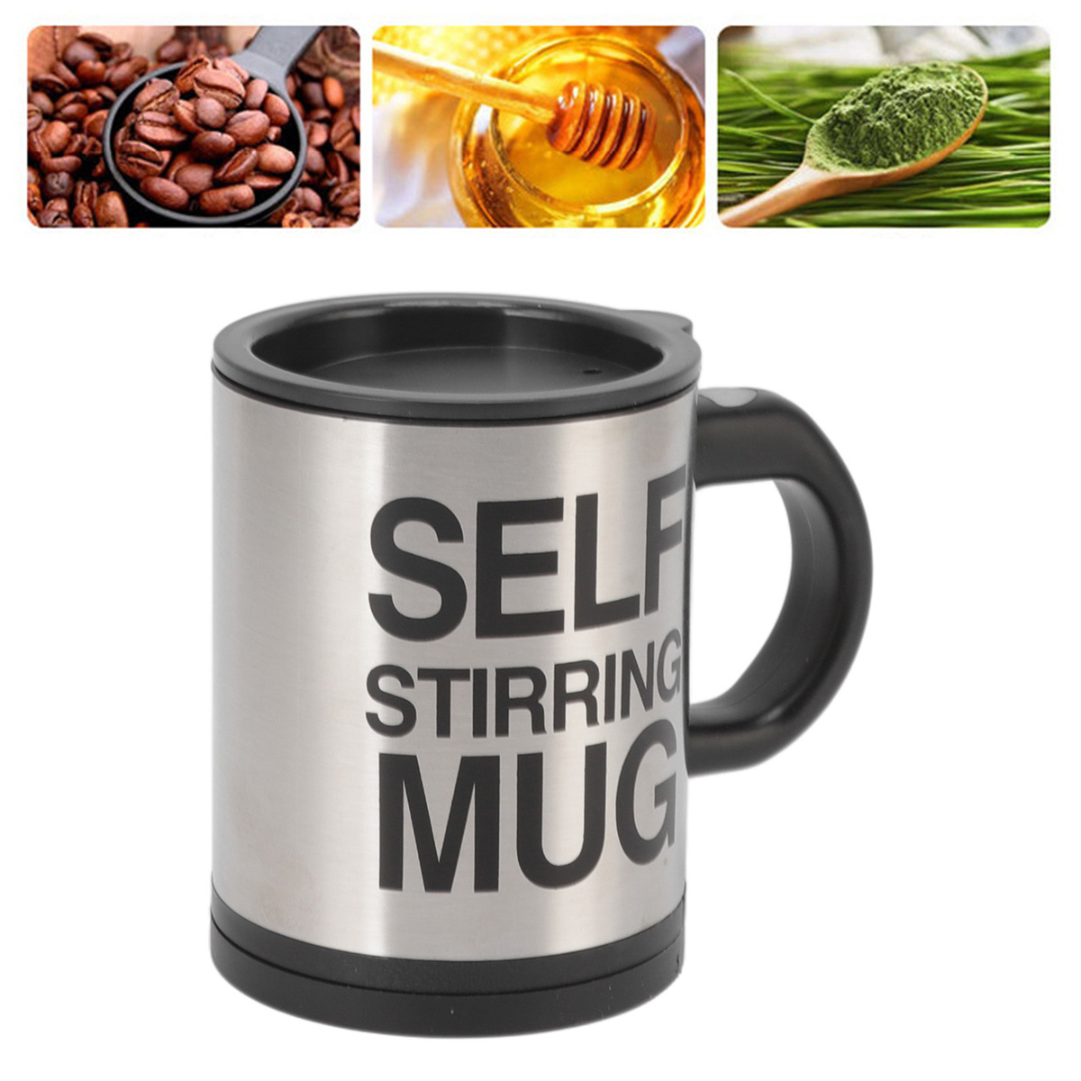 Ein Edelstahl-Selbstrührmug mit Kaffeebohnen, Honig und grünem Pulver in kleinen Bildern.