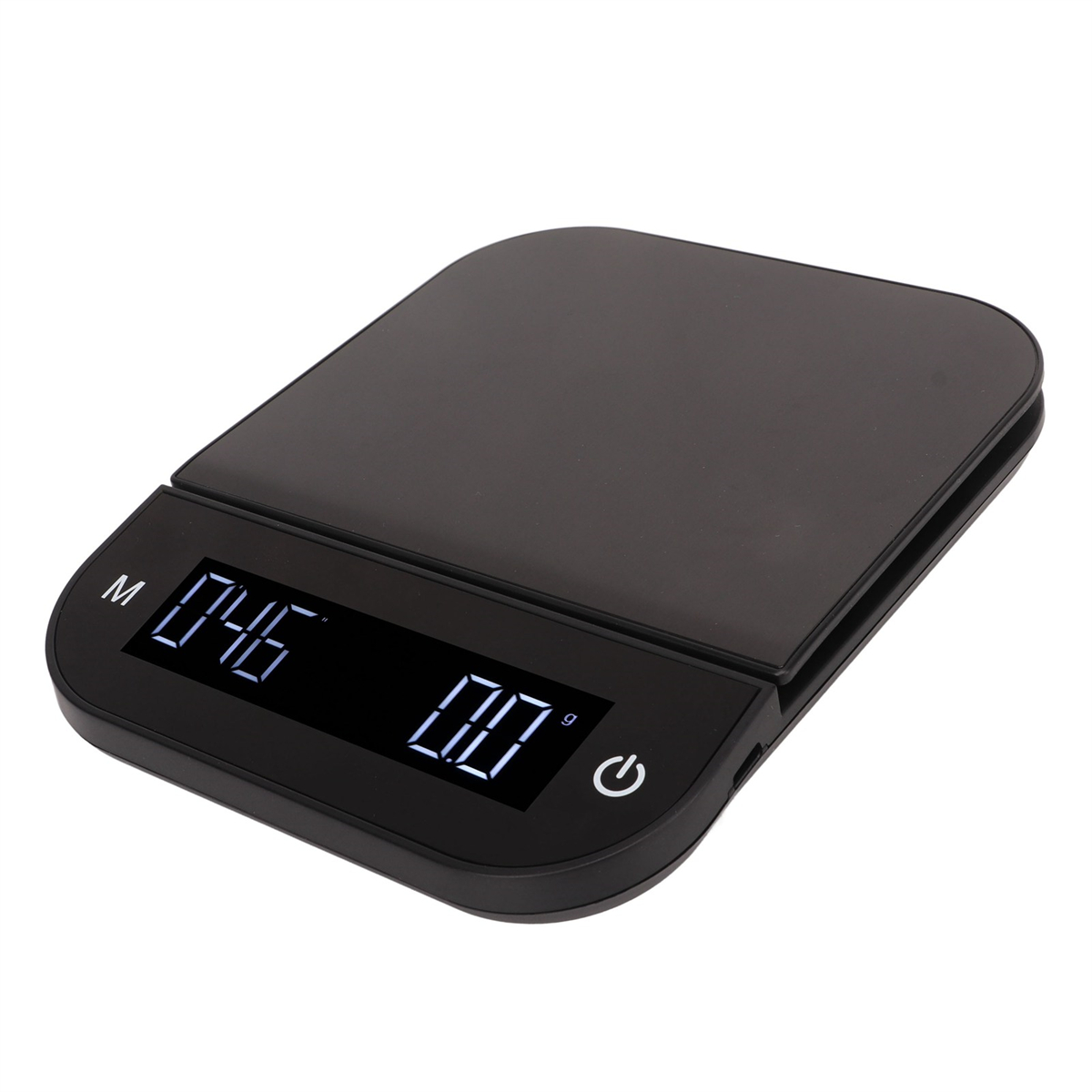 Eine schwarze digitale Küchenwaage zeigt 0,46 und 0,0 g an, mit einer Ein-/Aus-Taste.