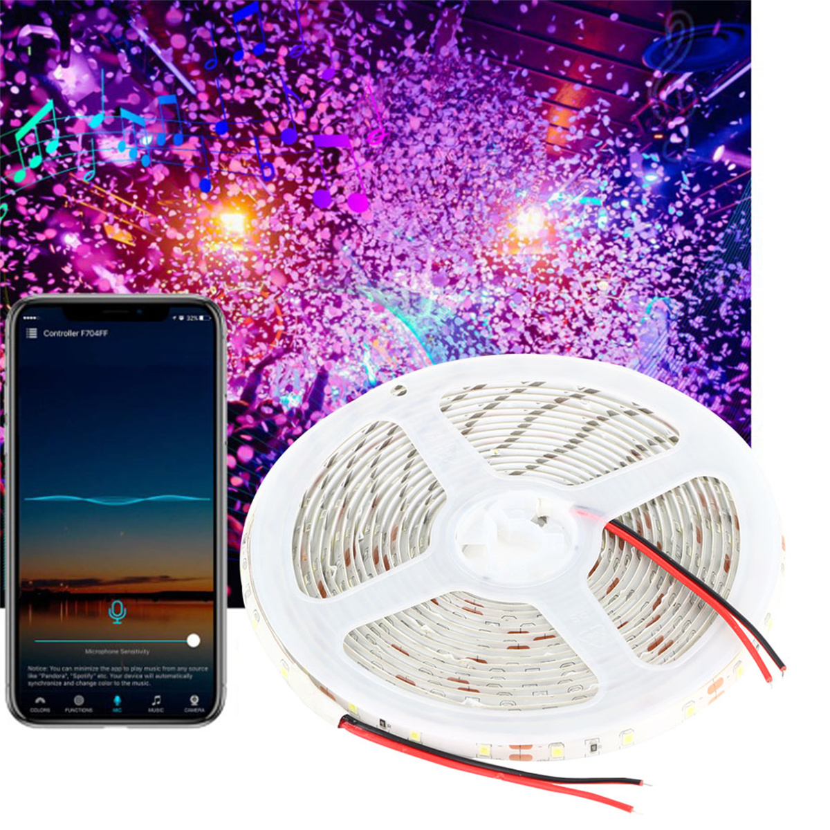 Ein Smartphone, LED-Streifen und ein Hintergrund mit Konfetti und Musiknoten sind sichtbar.