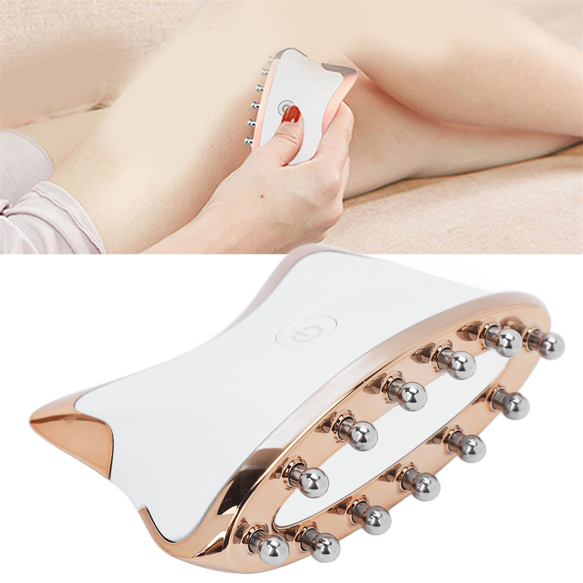 Frau benutzt ein weißes und goldenes Massagegerät an einem Bein. Zusätzliches Gerät im Vordergrund.