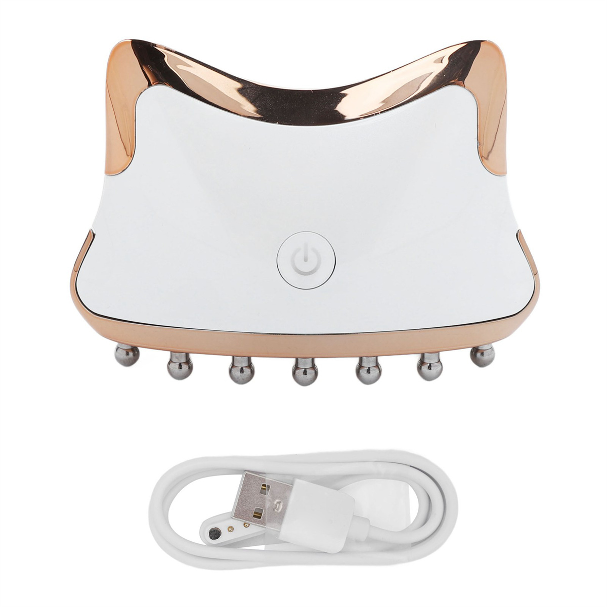Weißes und goldenes Gesichtsgerät mit sechs Metallkugeln. Ein USB-Kabel liegt unten.