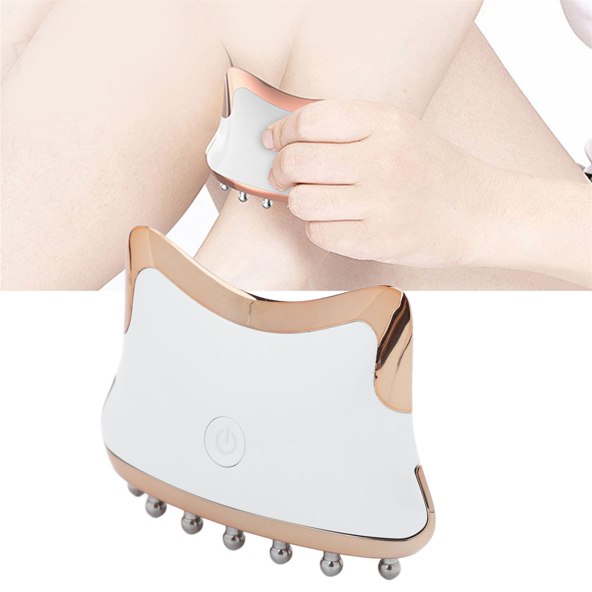 Weißes und goldenes Gua Sha-Werkzeug, das an einem Bein verwendet wird. Abgerundete Metallkugeln.