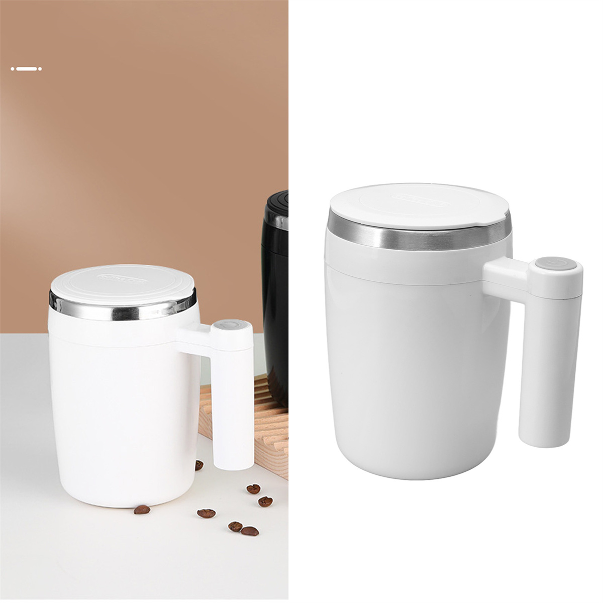 Zwei weiße Becher mit Griffen. Einer ist rechts, der andere im Hintergrund.