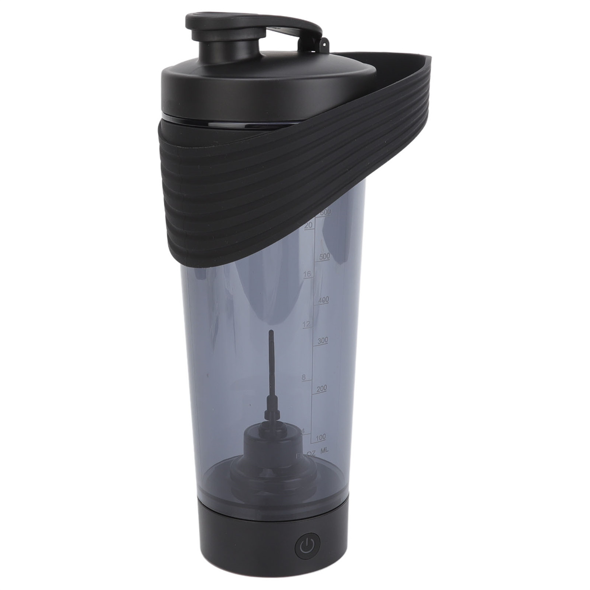 Schwarzer und transparenter Shaker mit schwarzem Band und Knopf.