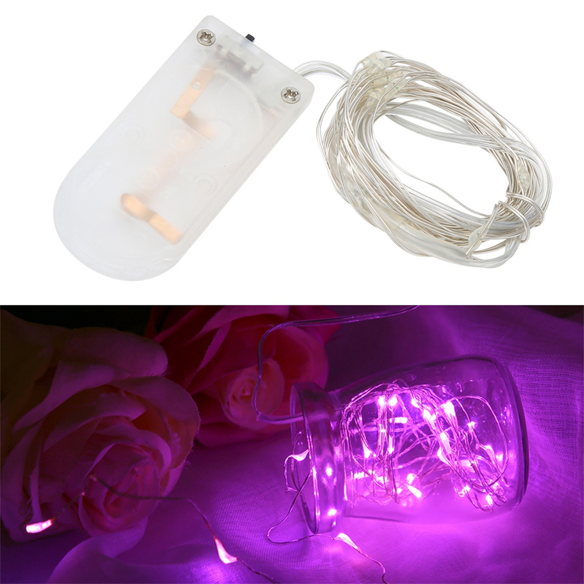 Lichterkette mit Akkupack und Glas. Die Lichter sind lila im Glas.