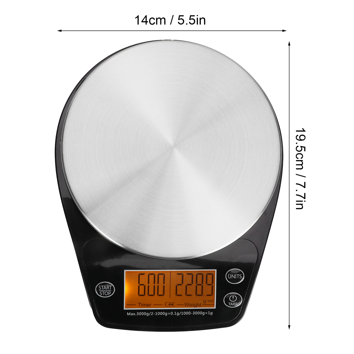 Digitale Küchenwaage mit Anzeige von Gewicht, Einheit und Timer.