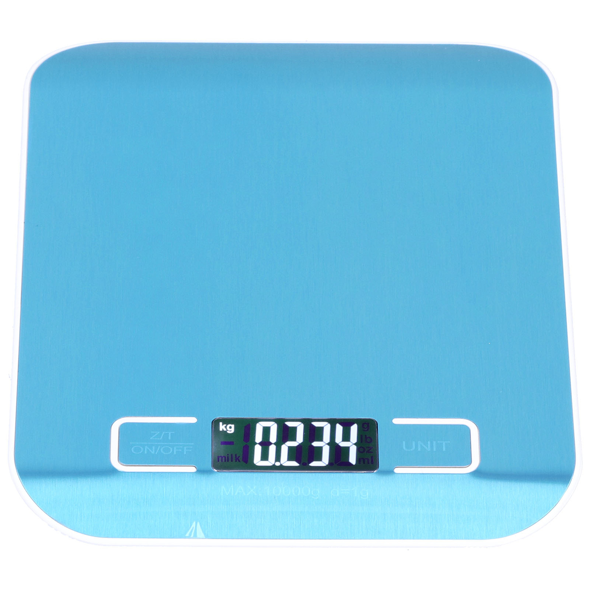 Blaue digitale Küchenwaage mit der Anzeige 0,234 kg. Sie hat Ein/Aus- und Einheitstasten.