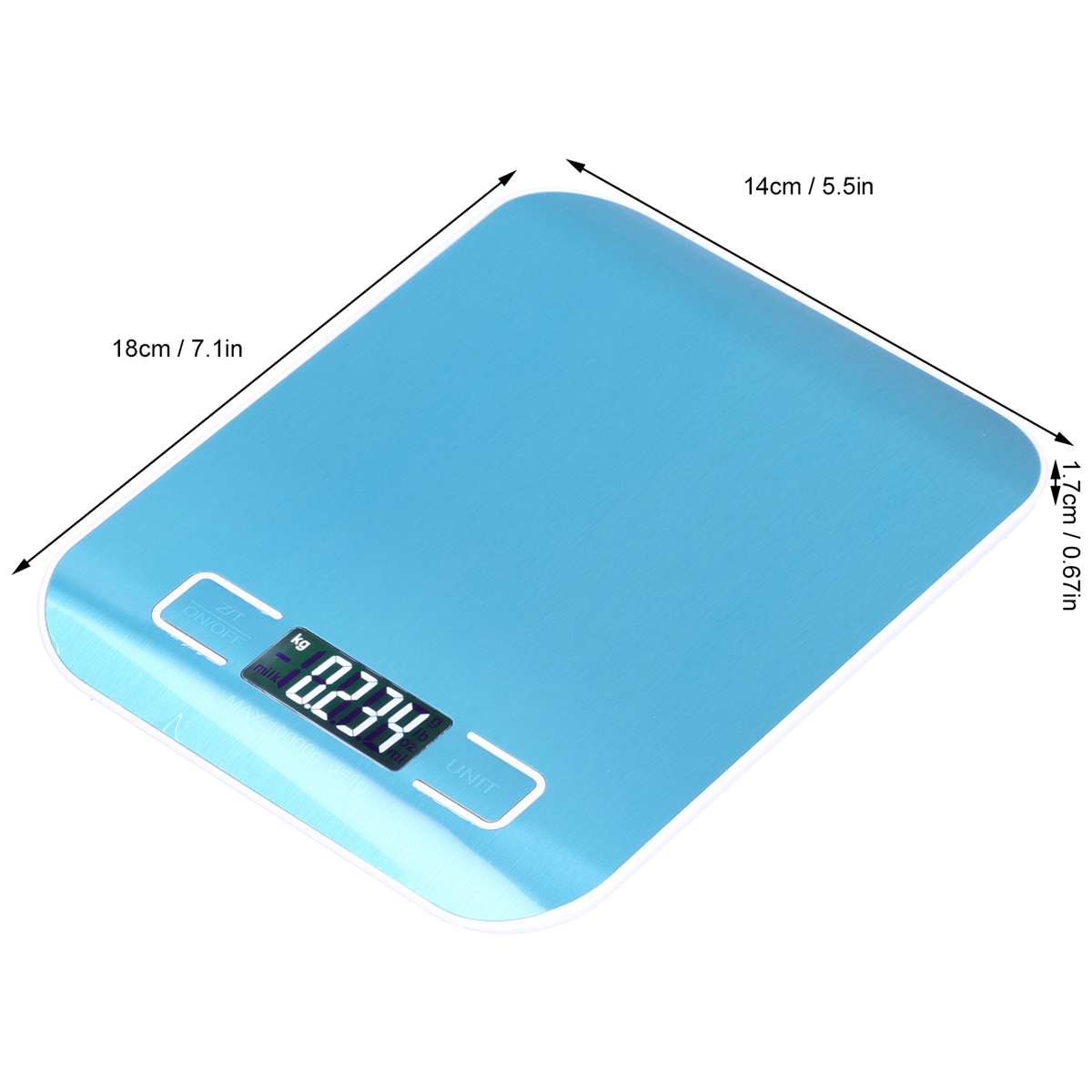 Blaue digitale Küchenwaage mit 0,234 kg. Abmessungen: 18 cm x 14 cm.
