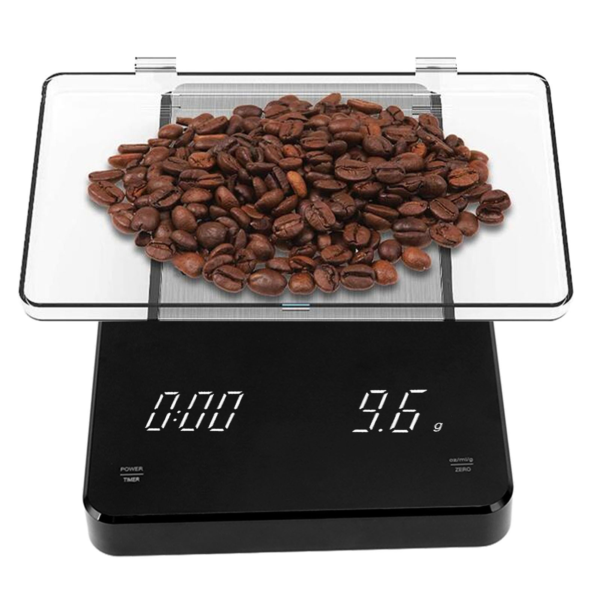 Schwarze Kaffeewaage mit Glasplatte, die Kaffeebohnen hält. Das Display zeigt Zahlen.