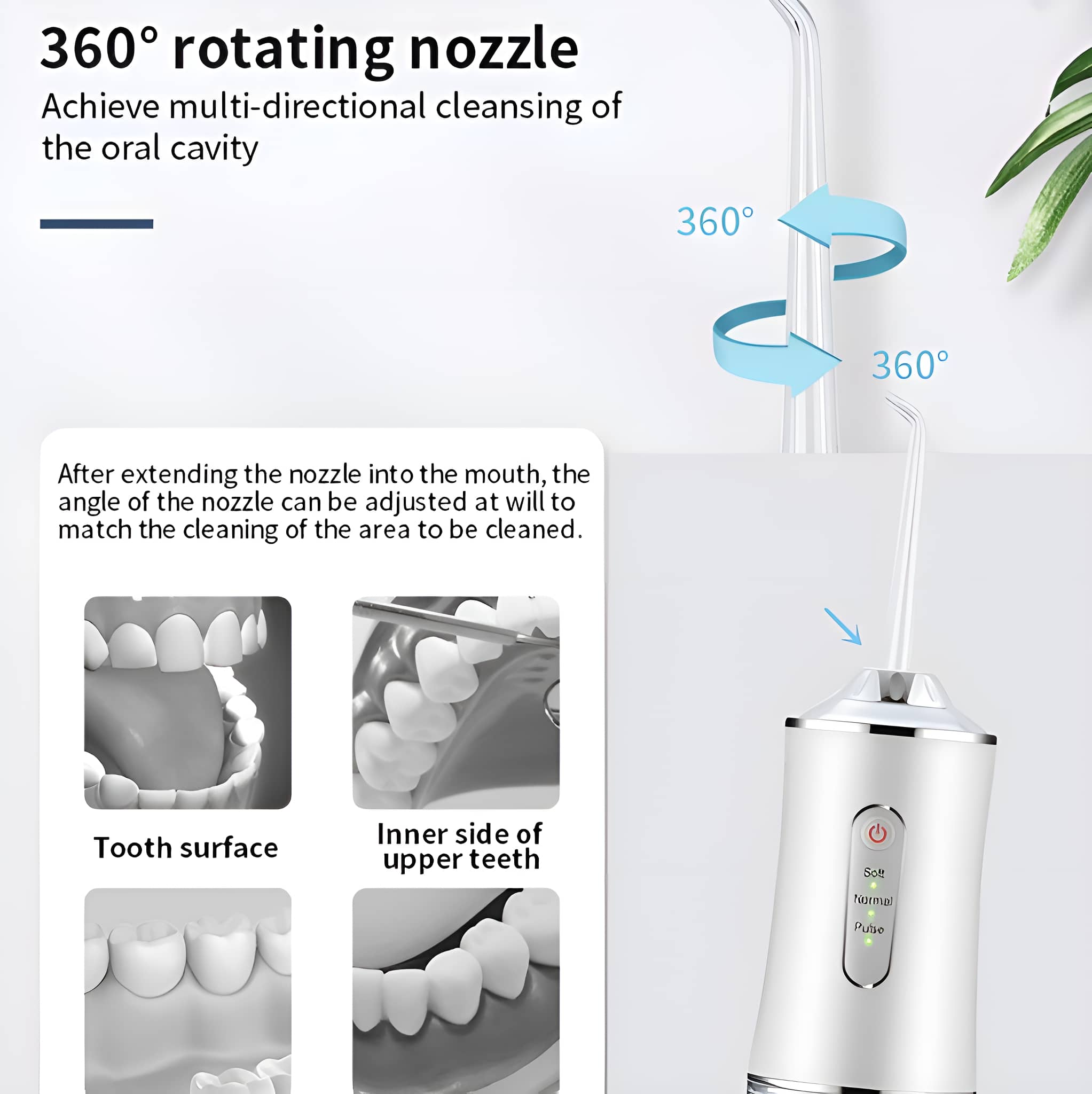 Ein weißer Wasserflosser mit Diagrammen zur Zahnreinigung. Er hat Knöpfe und eine rotierende Düse.