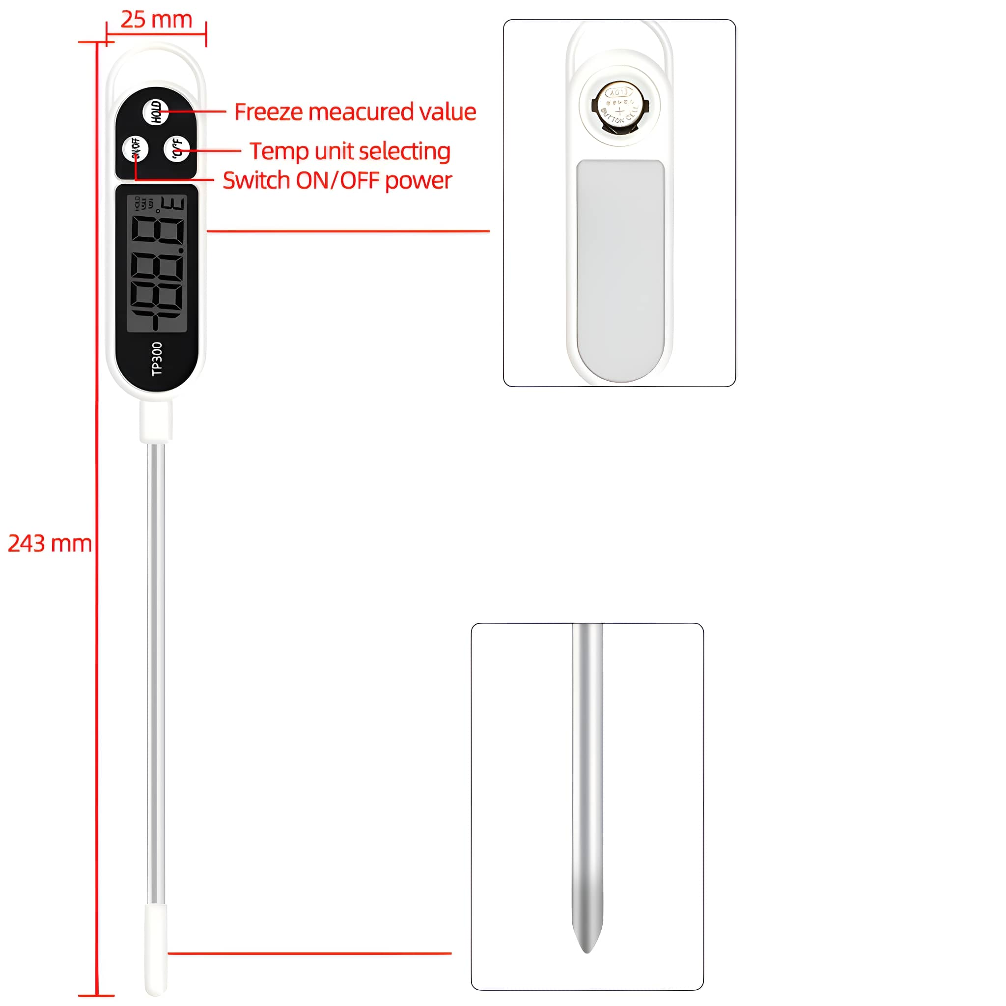 Ein digitales Thermometer mit langer Sonde, Knöpfen und Messwerten, mit Beschriftungen.