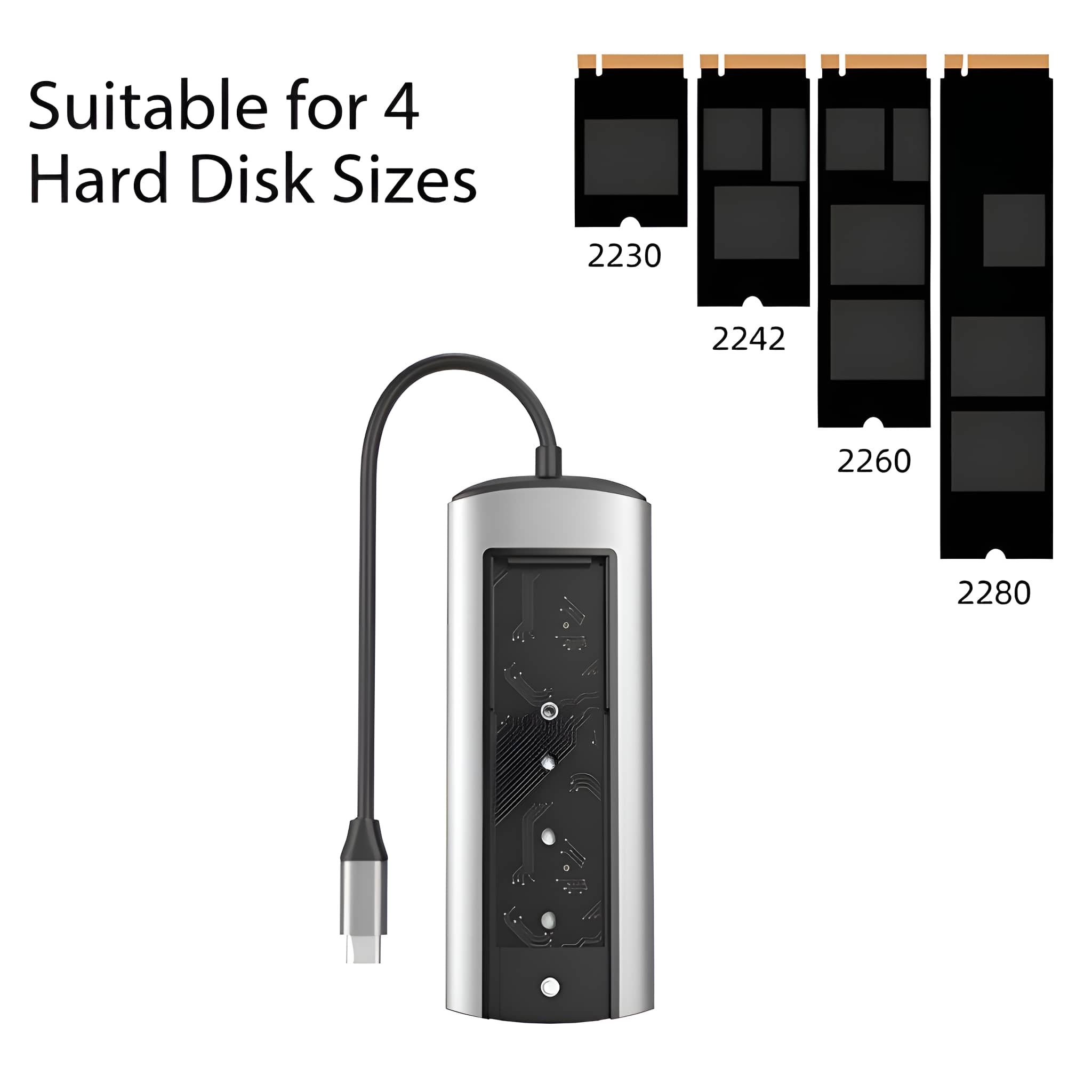 Silbernes Festplattengehäuse mit USB-C-Kabel und Diagrammen der Festplattengrößen.