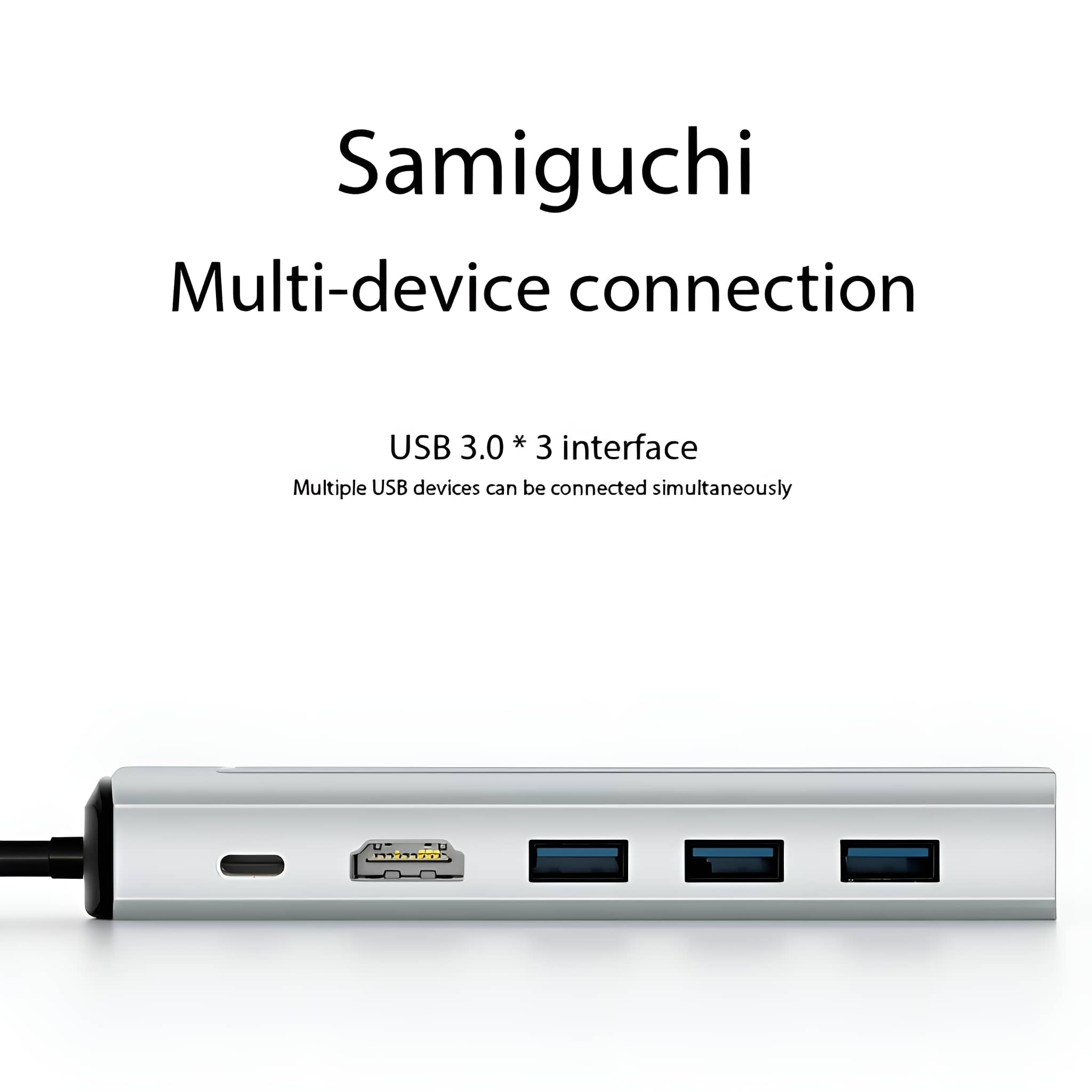 Ein silberner USB-Hub mit mehreren Anschlüssen, Text: Samiguchi, Multi-Geräte-Verbindung.