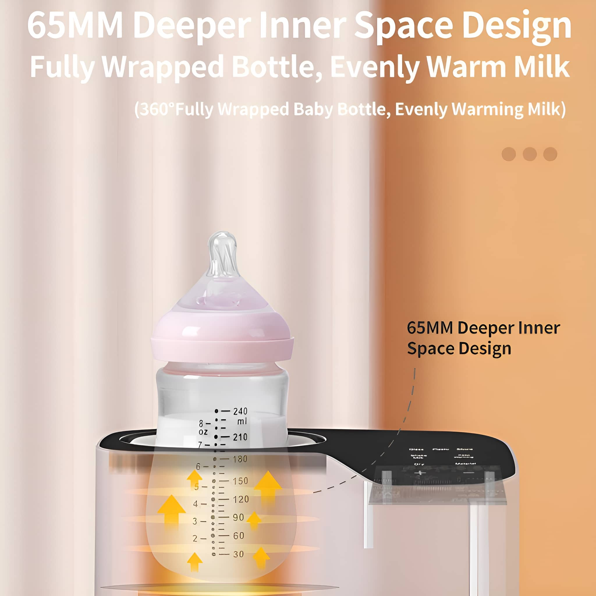 Babyflaschenwärmer mit Flasche. Textbeschriftungen, orange und gelbe Farben.