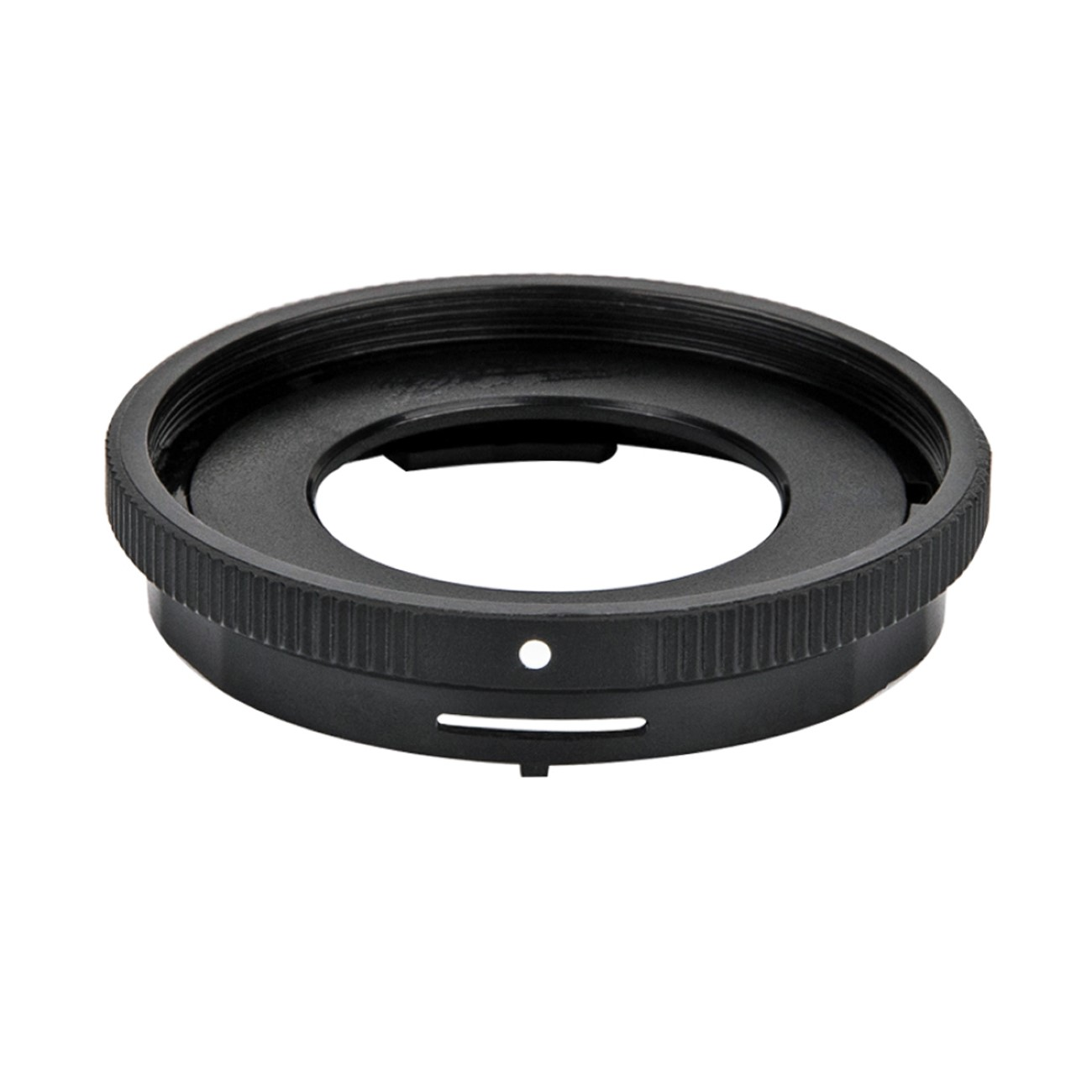 Schwarzer Objektivadapterring mit Gewindekante und kleinem Loch.
