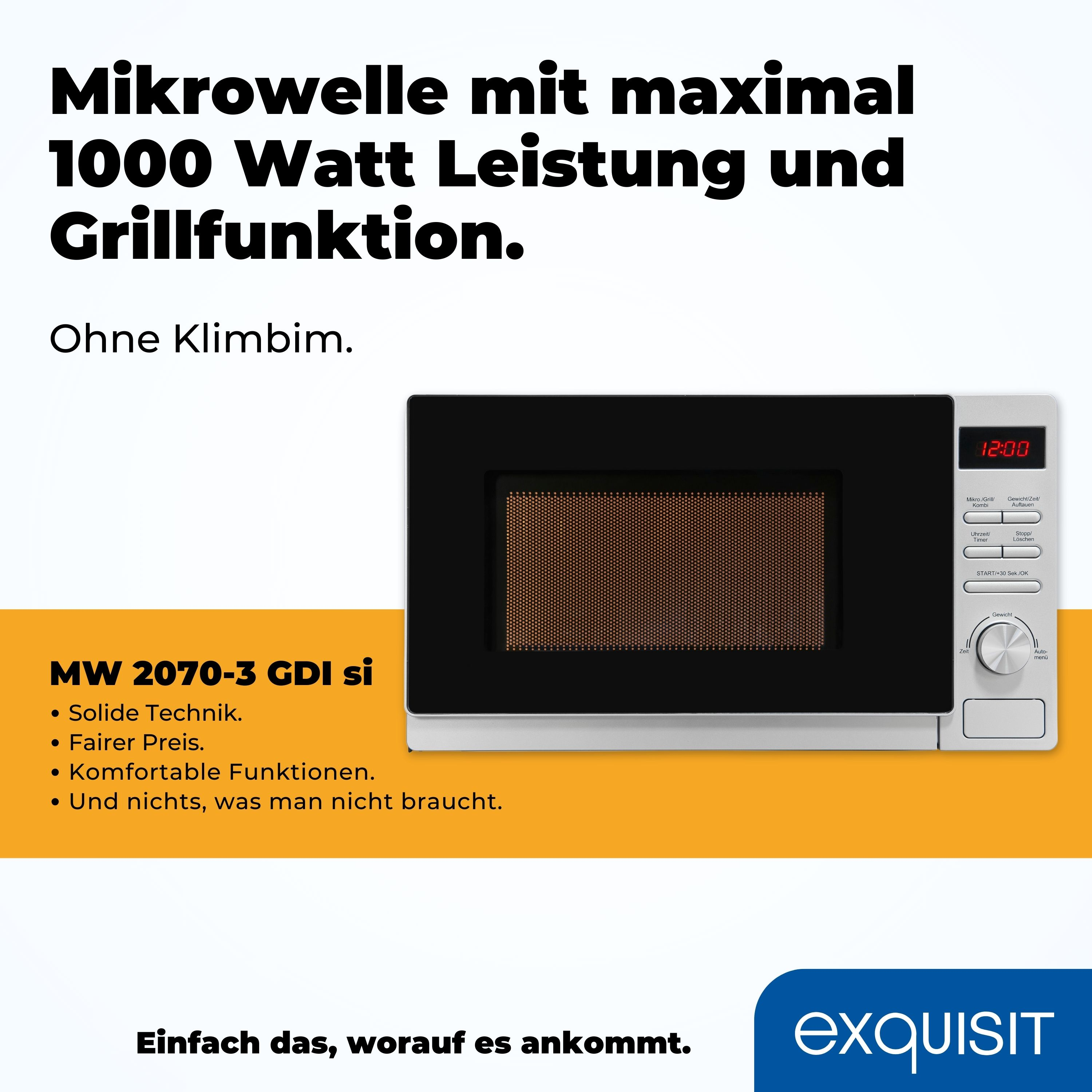 Ein Mikrowellenherd mit Text über seine Eigenschaften, Hervorhebung von 1000W Leistung und dem Markennamen.
