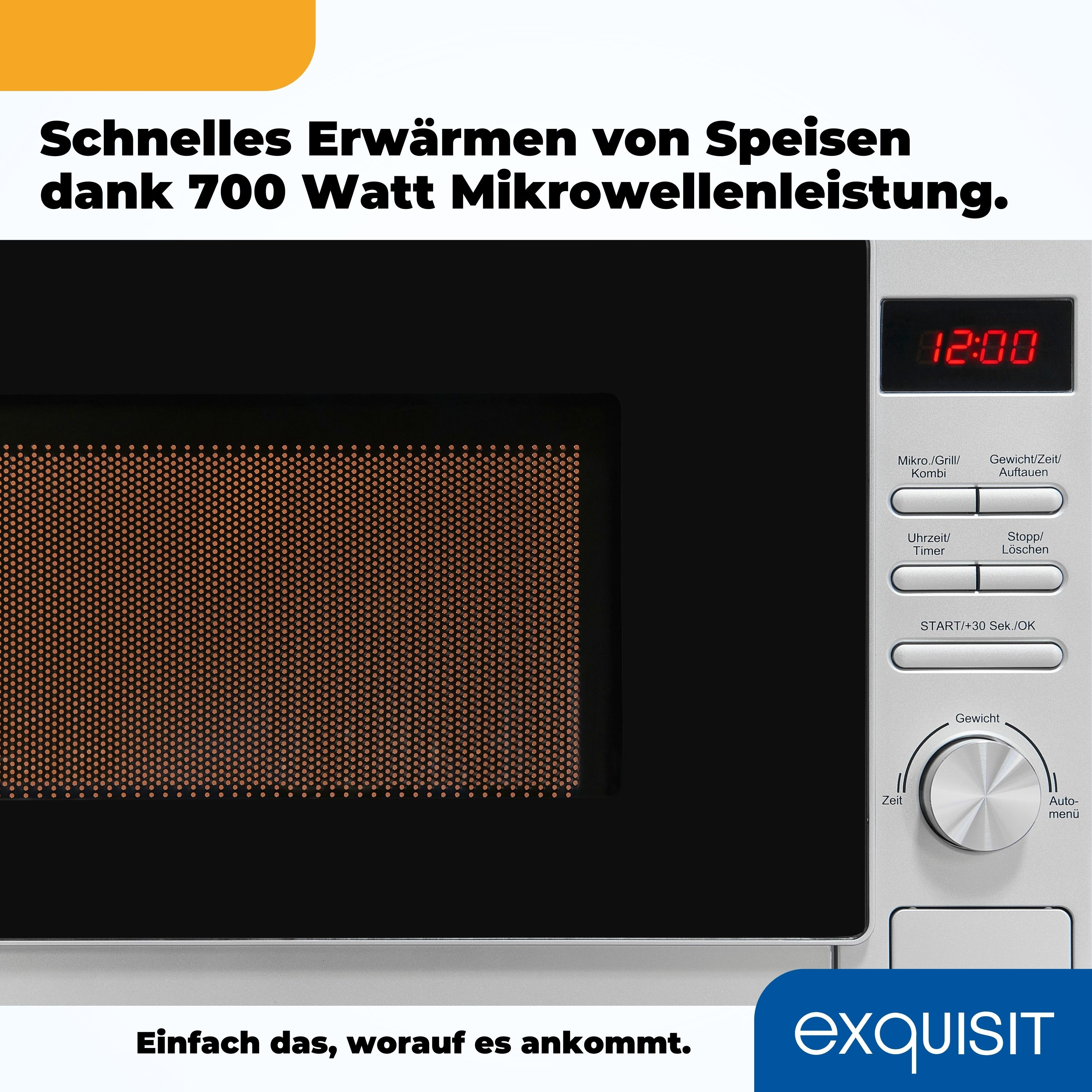 Nahaufnahme einer Mikrowelle mit Digitalanzeige 12:00 und Bedienknöpfen.
