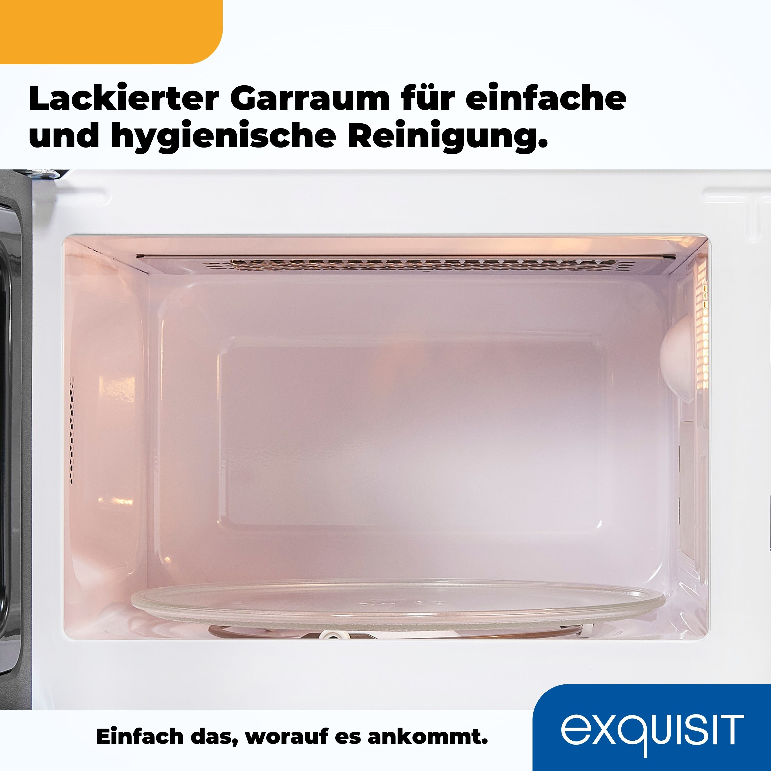 Mikrowelleninnenraum mit Glasplatte, Text auf Deutsch. Text sagt: Lackierter Garraum für einfache und hygienische Reinigung.