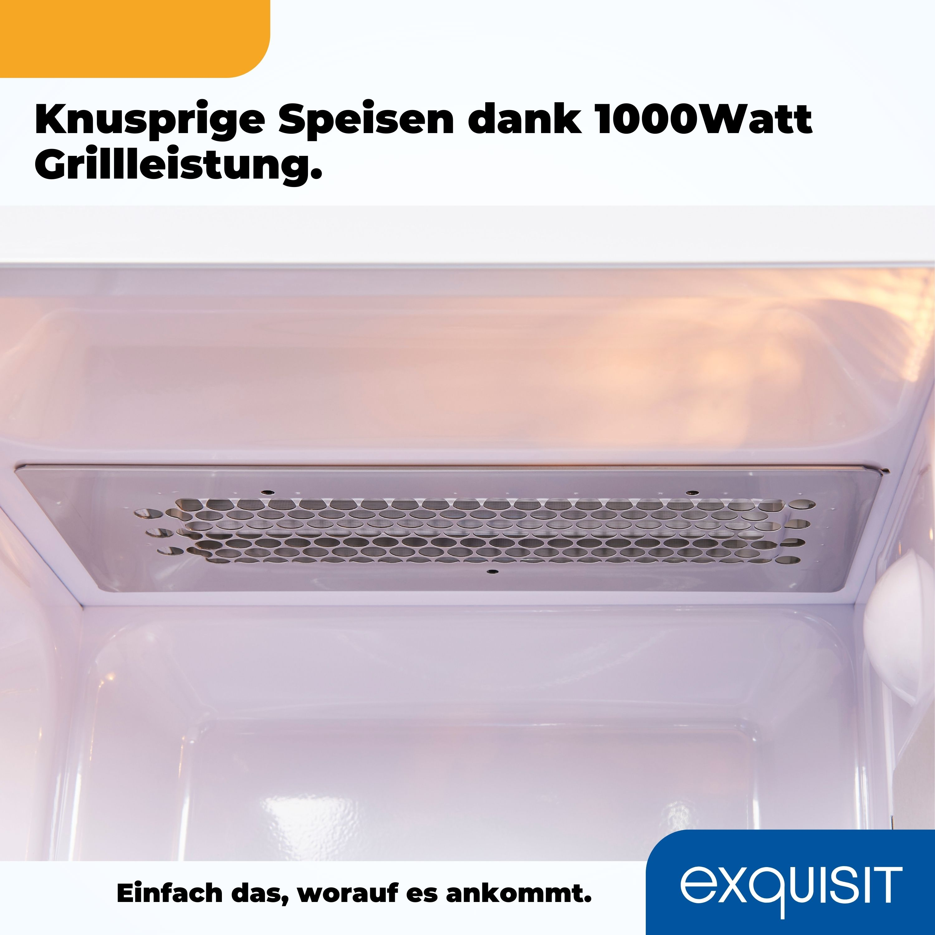 Innenraum einer Mikrowelle mit silbernem Grill und weißem Innenraum. Text oben.