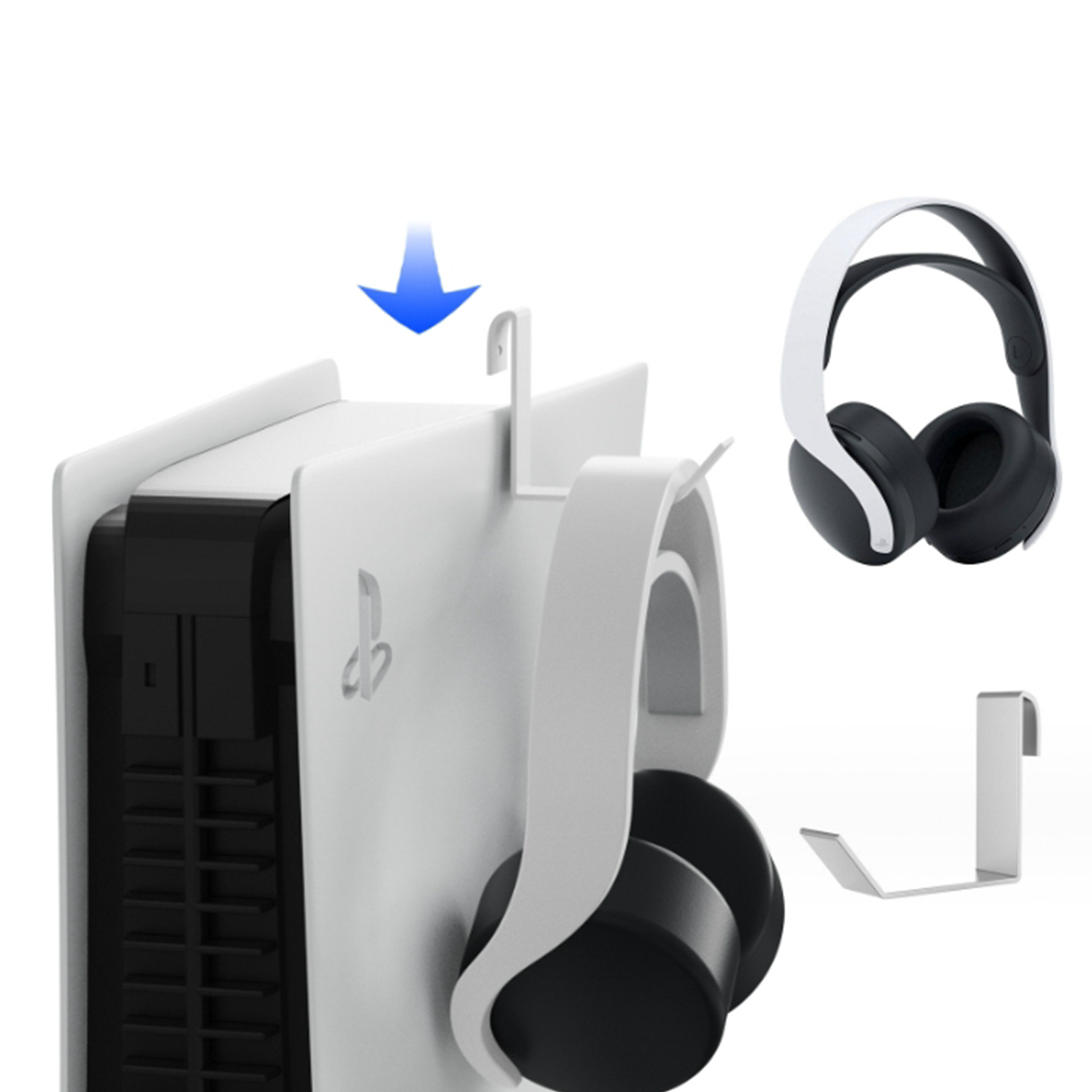 Weiße Playstation 5 mit Headset und Haken. Alles auf weißem Hintergrund dargestellt.