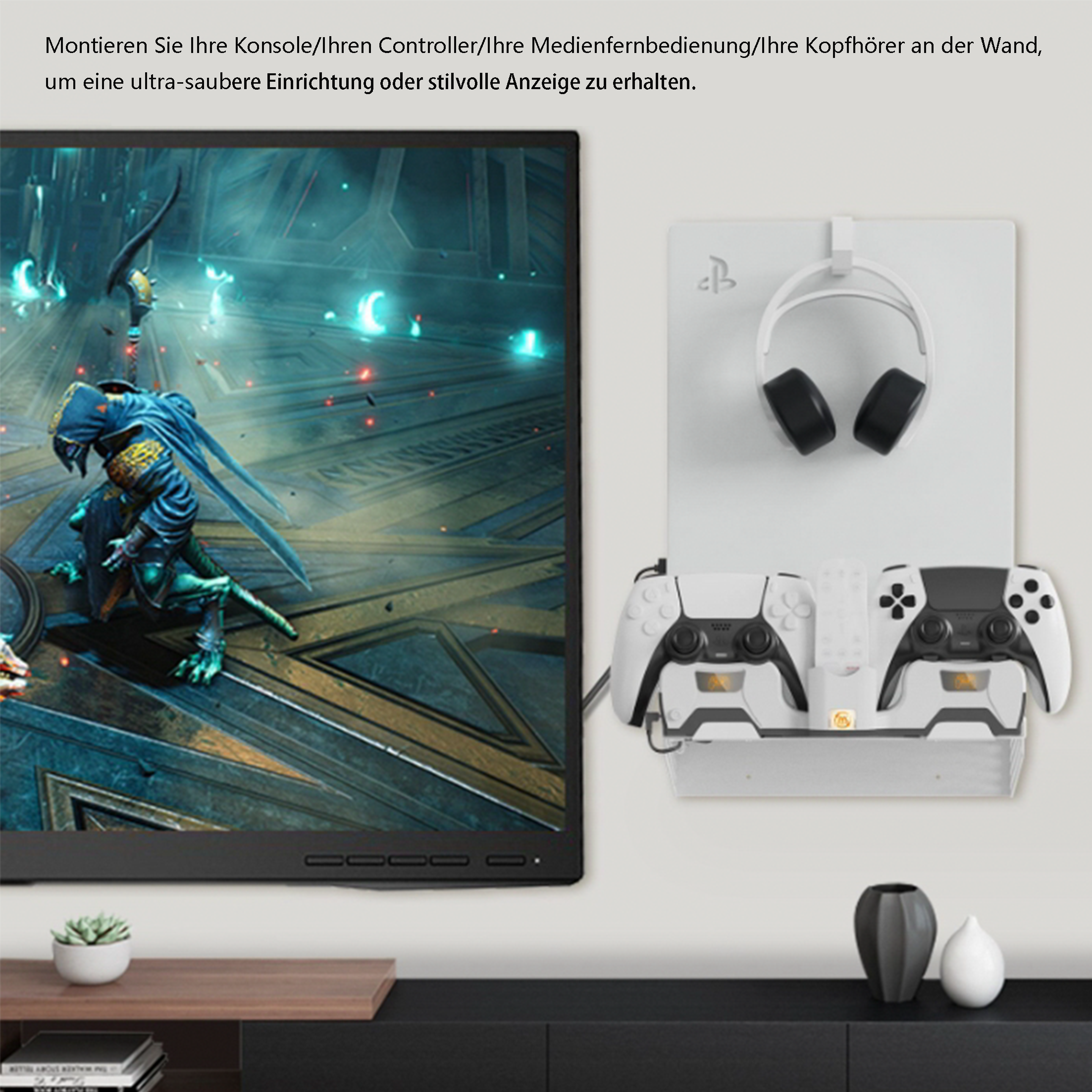 Wandhalterung mit Spielkonsole, Controllern und Headset in der Nähe eines Fernsehers.