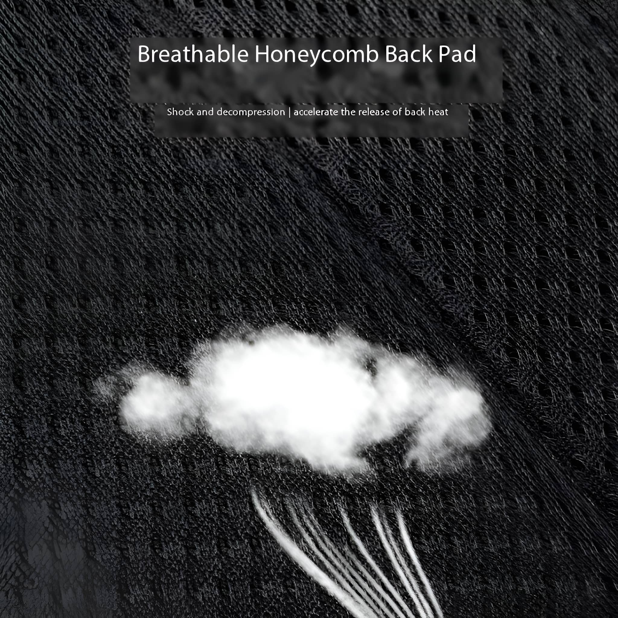 Nahaufnahme eines schwarzen Waben-Rückenteils. Es zeigt Text und ein weißes Wolken-Design.