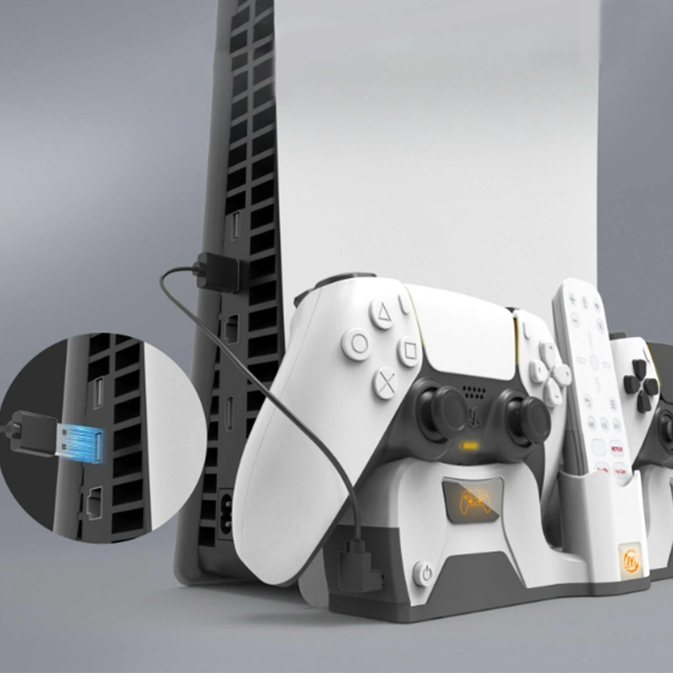 PlayStation 5, Controller und Ladestation. Ein blaues Licht scheint aus einem Anschluss.