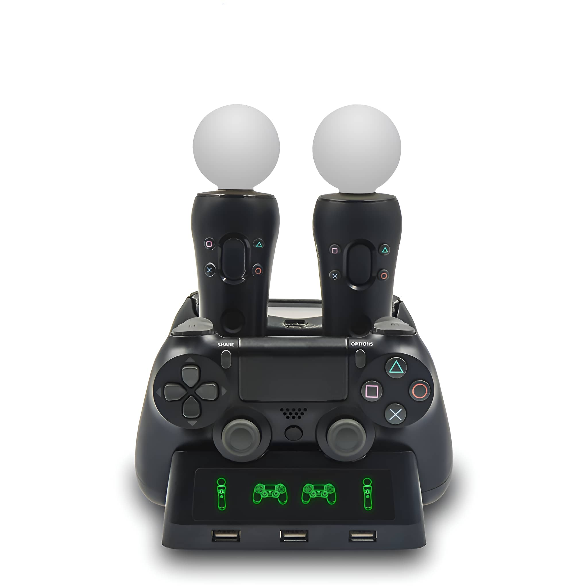 Eine schwarze Ladestation mit zwei Controllern mit weißer Oberseite und einem schwarzen Controller an der Basis.
