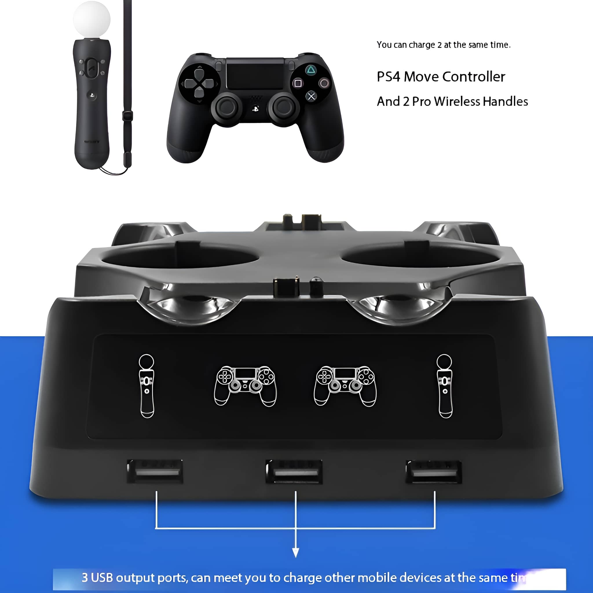 Schwarze Ladestation für PS4-Controller und einen Move-Controller. Drei USB-Anschlüsse sind sichtbar.